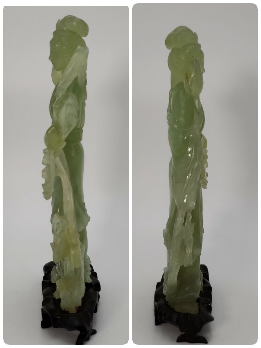 中国古玩 唐物 天女 砡石 緑砡石 玉石 置物 時代物 蓮の花 羽衣 極上品