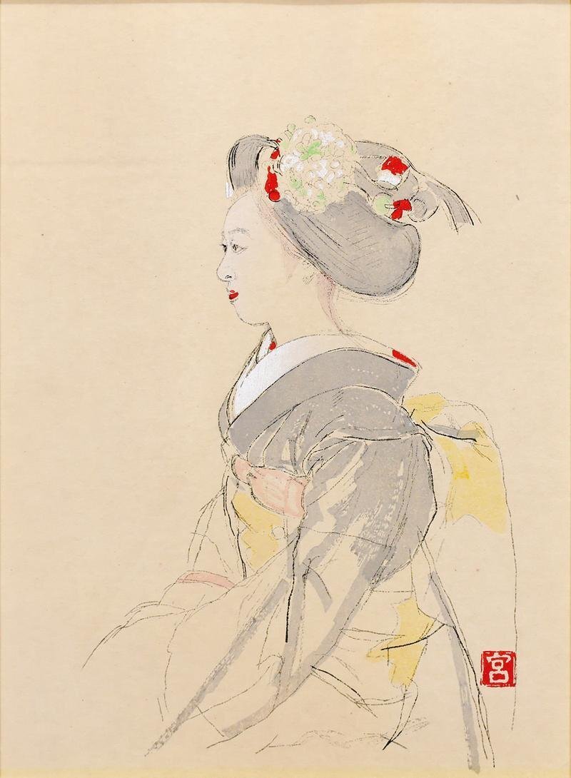 真作】【WISH】宮本三郎「舞妓」木版画 共シール 〇日本芸術院会員 二
