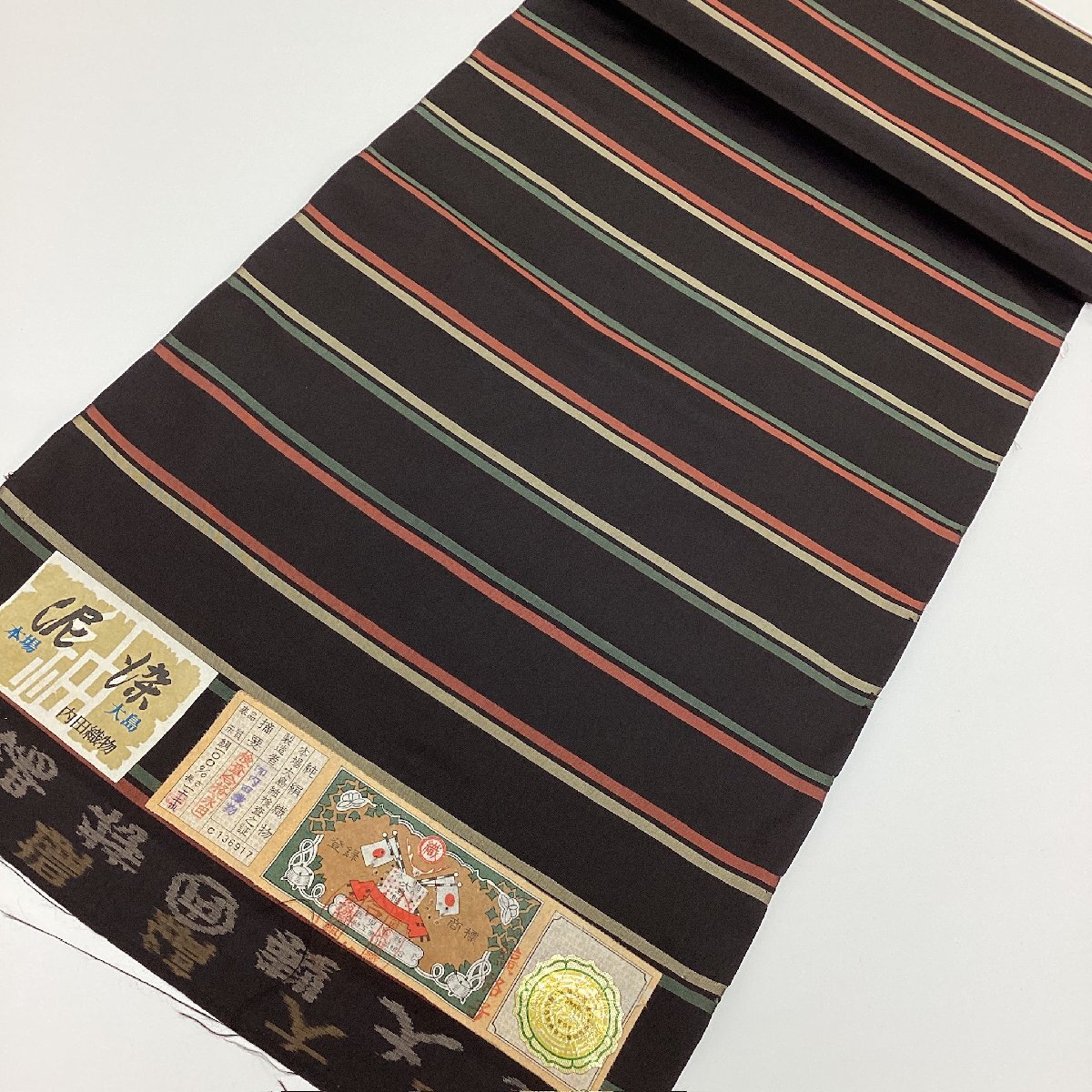 ちどりや】未使用品 美品 正絹紬 本場縞大島紬 泥染 アンサンブル反物 