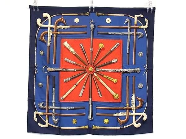 1円 HERMES エルメス CANNES & POMMEAUX【ステッキ柄】カレ90 シルク