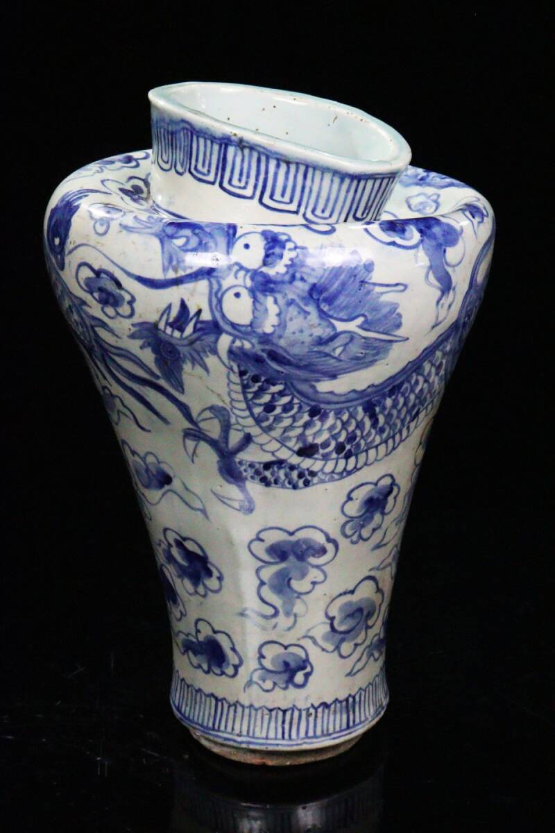 限定値引　朝鮮美術　李朝　青花染付　龍紋様壺　花瓶 櫻】朝鮮美術 李朝 染付 龍紋 特大43cm 壺 花瓶 旧家蔵出品[7270qup