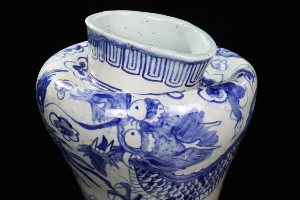 櫻】朝鮮美術 李朝 染付 龍紋 特大43cm 壺 花瓶 旧家蔵出品[7270qup