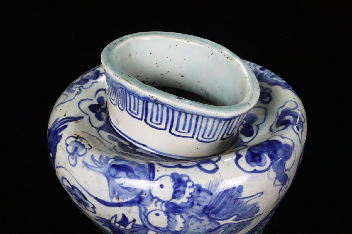 櫻】朝鮮美術 李朝 染付 龍紋 特大43cm 壺 花瓶 旧家蔵出品[7270qup