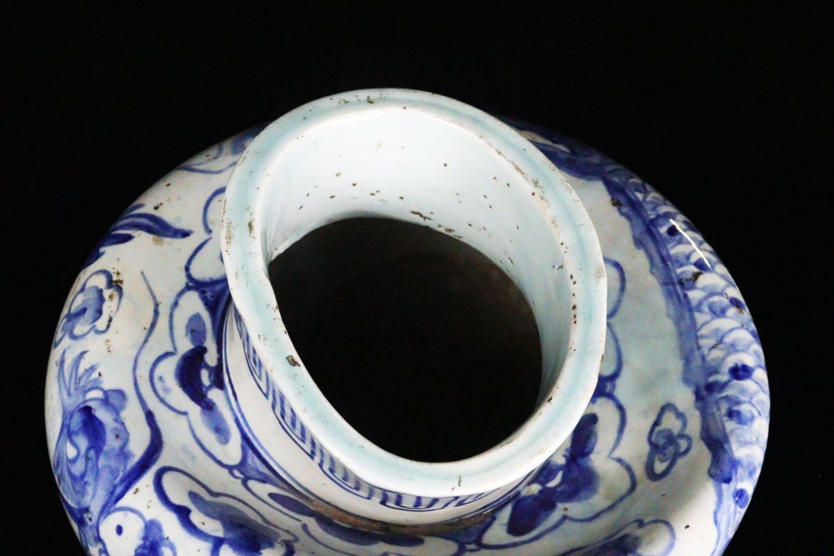 櫻】朝鮮美術 李朝 染付 龍紋 特大43cm 壺 花瓶 旧家蔵出品[7270qup