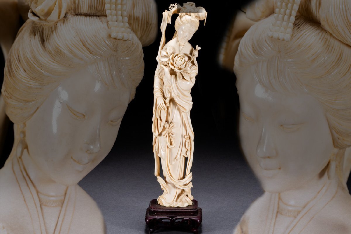 【善古堂】特殊天然材 特殊白材 巨大仕女造像34㎝/734g 置物 豪華芯料使用 細密彫刻 材質保証 本物保証 高級美術品7S301-10S5_1