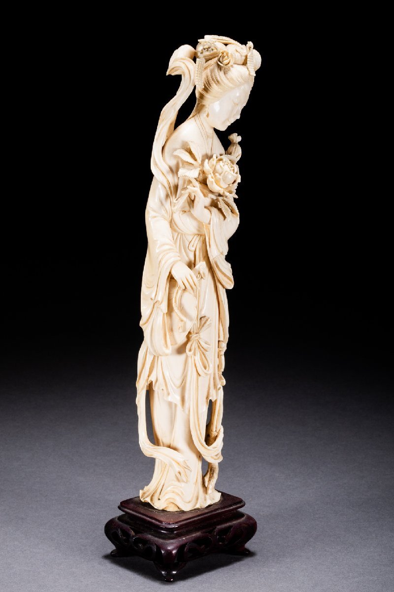 【善古堂】特殊天然材 特殊白材 巨大仕女造像34㎝/734g 置物 豪華芯料使用 細密彫刻 材質保証 本物保証 高級美術品7S301-10S5_2