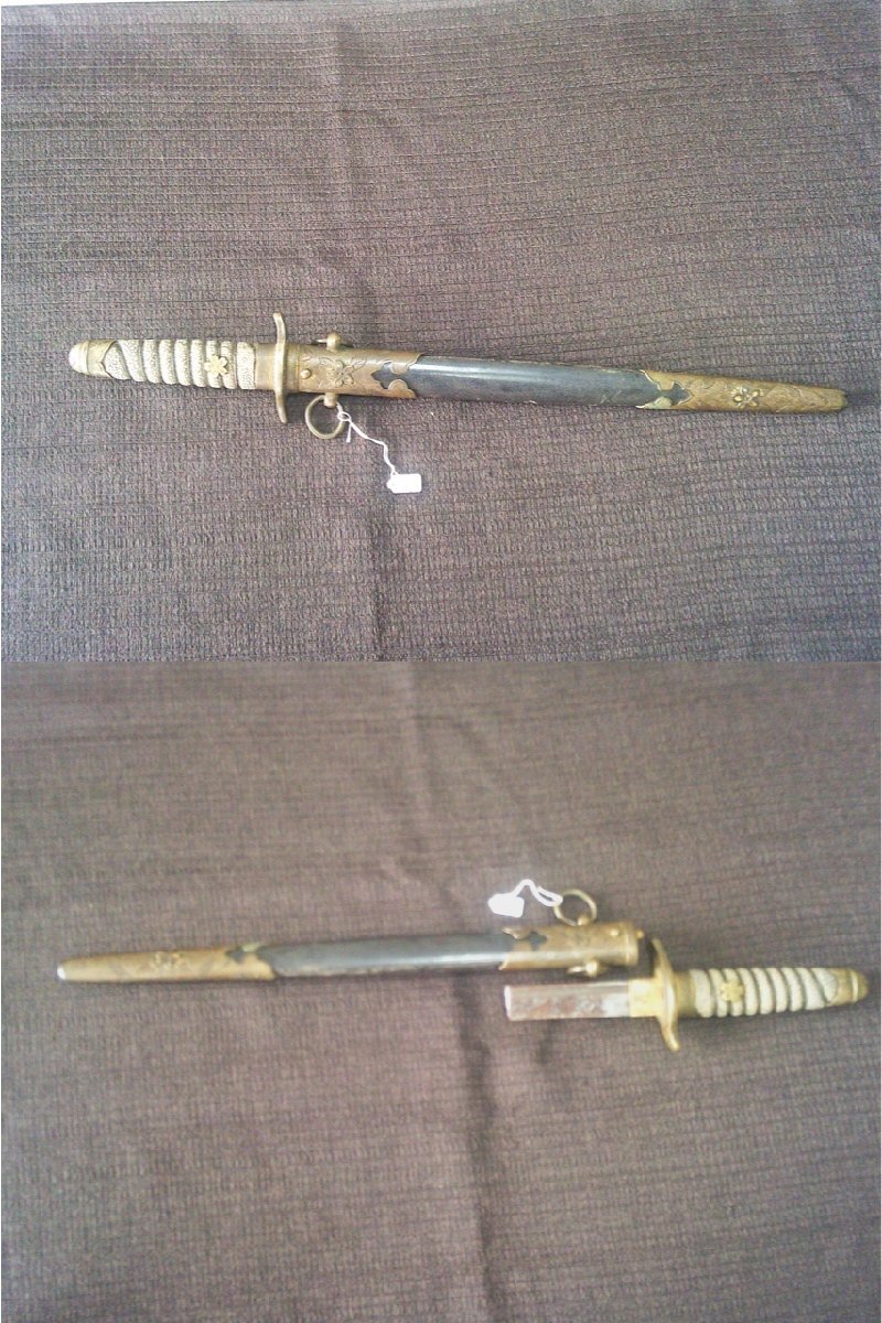 掘り出し！【海軍刀拵え 短刀　サメ革　鮫鞘柄　外装・Rｐ・ミリタリー】◆兜割　十手　縁頭目貫　刀装具　弓矢　笄　鐔　陣笠※円安　買得_2