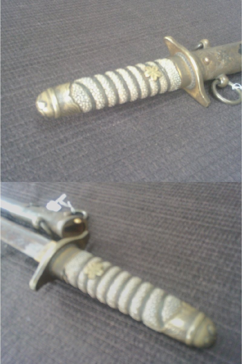 掘り出し！【海軍刀拵え 短刀　サメ革　鮫鞘柄　外装・Rｐ・ミリタリー】◆兜割　十手　縁頭目貫　刀装具　弓矢　笄　鐔　陣笠※円安　買得_7