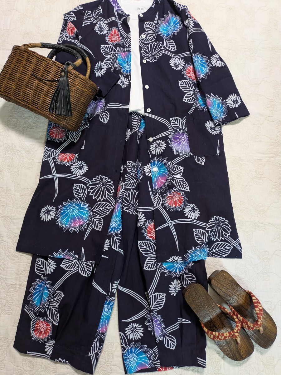 浴衣リメイク❣️本染め浴衣反物からセットアップパンツ❣️ ☆浴衣リメイク カラフル花柄本染め浴衣からゆったりウエストゴム裾