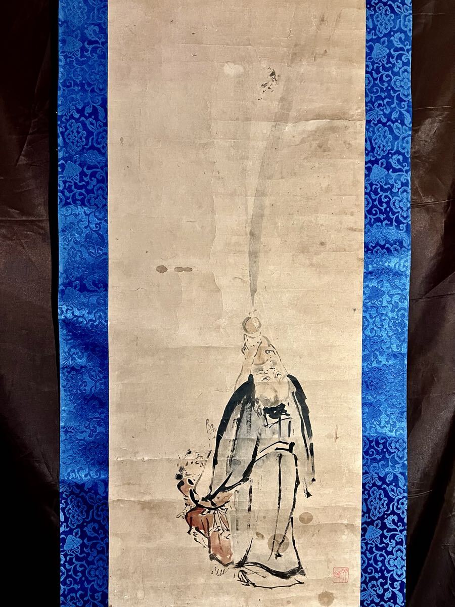 真作】【仙】英一蝶「張果老童子遊戯図」紙本 肉筆 合箱 仏画 仏教美術