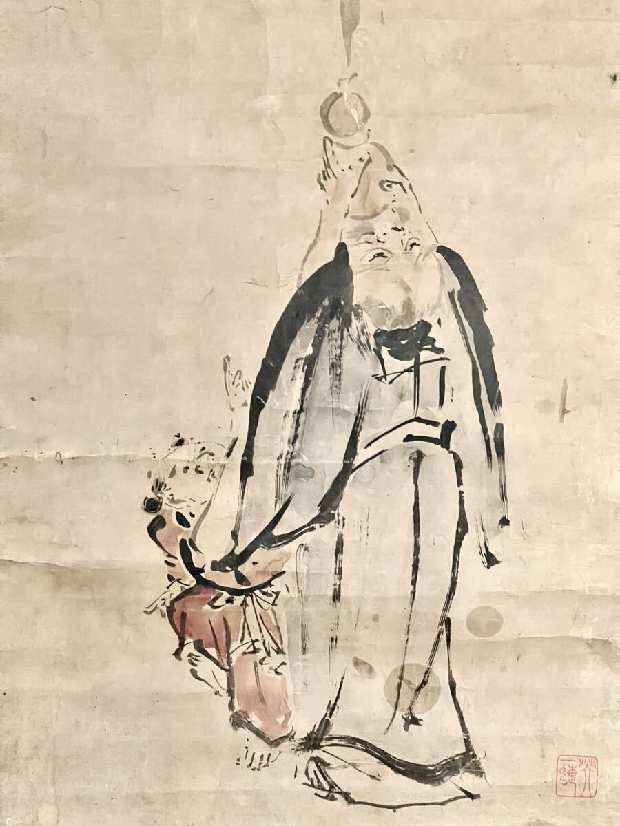 真作】【仙】英一蝶「張果老童子遊戯図」紙本 肉筆 合箱 仏画 仏教美術