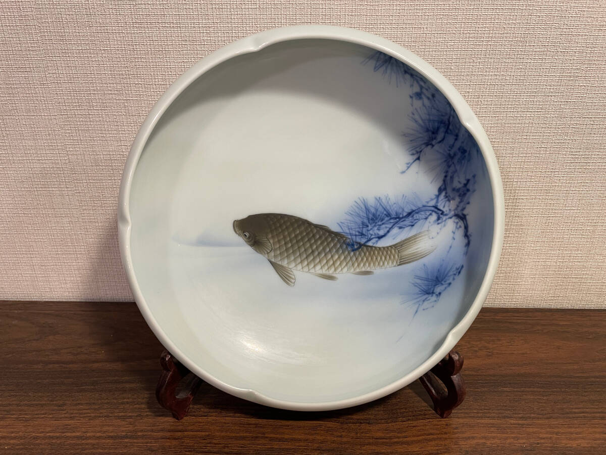 逸品 オールト深川 明治大正期 深川製磁 染付 釉下彩 松文錦鯉図 大鉢