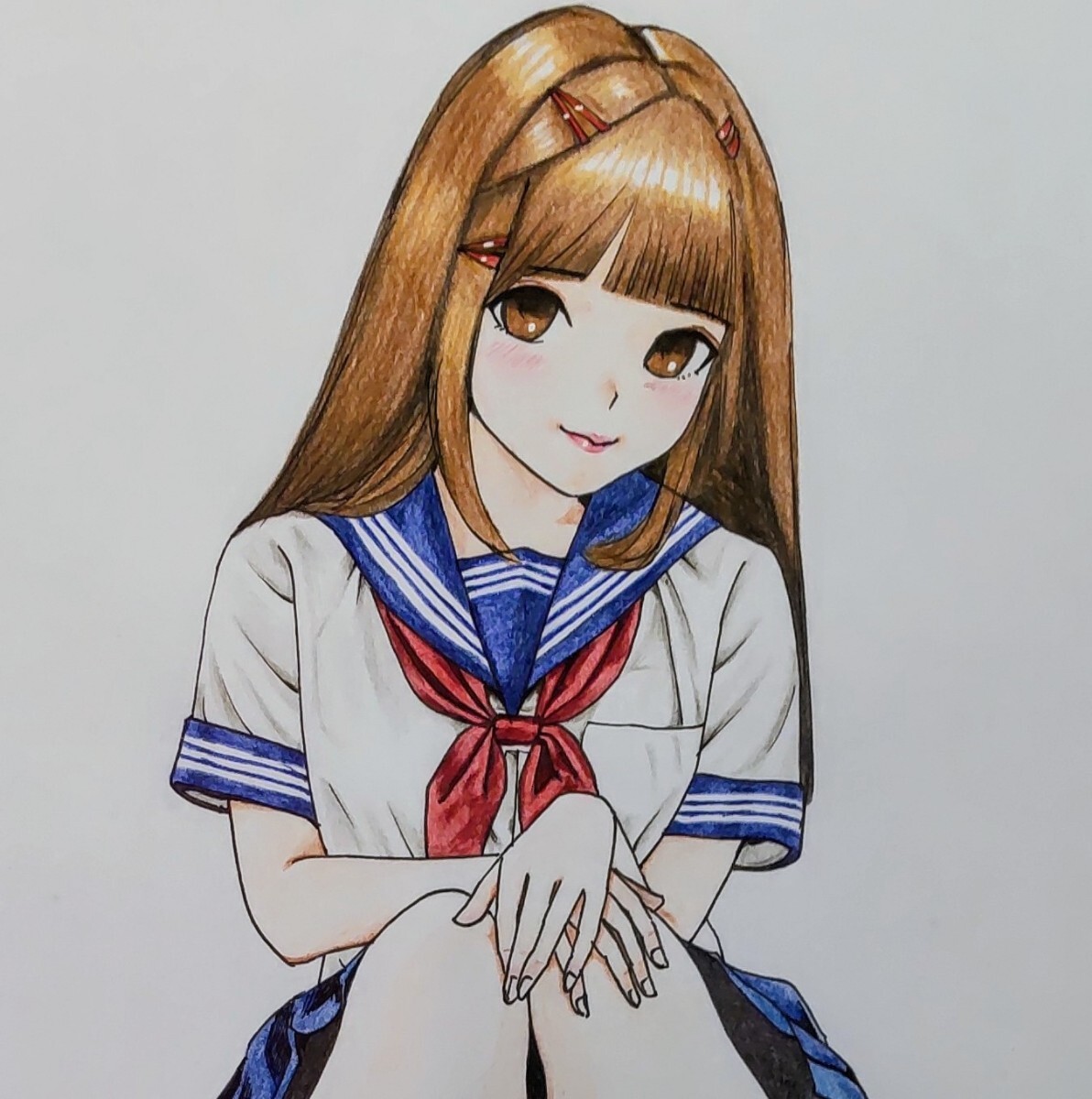 手描きイラスト A4サイズ 色鉛筆画原画 セーラー服 ローファー パンツ