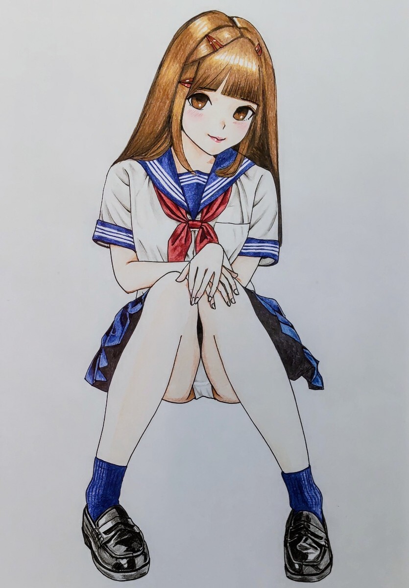 手描きイラスト A4サイズ 色鉛筆画原画 セーラー服 ローファー パンツ