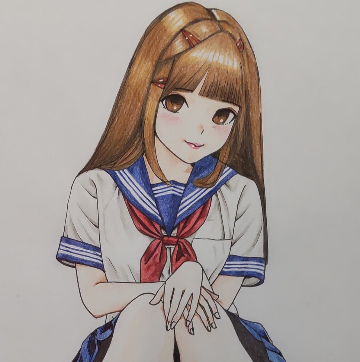手描きイラスト A4サイズ 色鉛筆画原画 セーラー服 ローファー パンツ