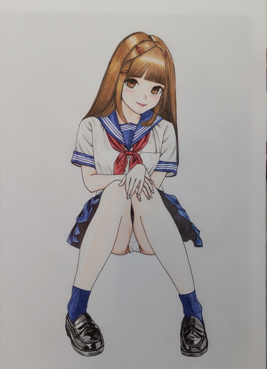 手描きイラスト A4サイズ 色鉛筆画原画 セーラー服 ローファー パンツ