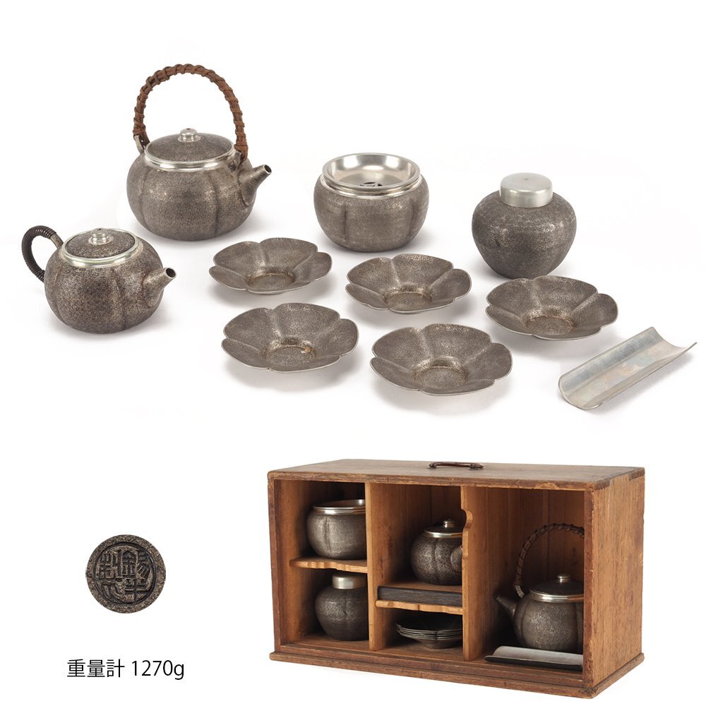 煎茶道具 ☆金属工芸 錫製 茶器 セット 湯沸 急須 茶入 / 茶道具 刻印有