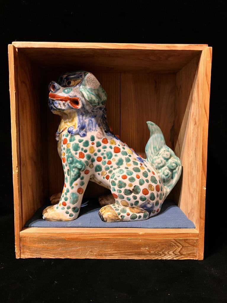 中国古玩 陶磁器 緑釉 獅子像1体 狛犬 大型62㎝ 魔除け 古美術 骨董品 時代 古伊万里 色絵丸玉狛犬 陶器 共箱 置物 犬 狛犬 獅子 唐獅子 柿右