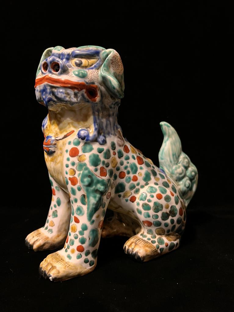 中国古玩 緑釉 獅子像 狛犬 フー犬 フードッグ 古陶磁器 大型62㎝ 古美術 時代 古伊万里 色絵丸玉狛犬 陶器 共箱 置物 犬 狛犬 獅子 唐獅子 柿右