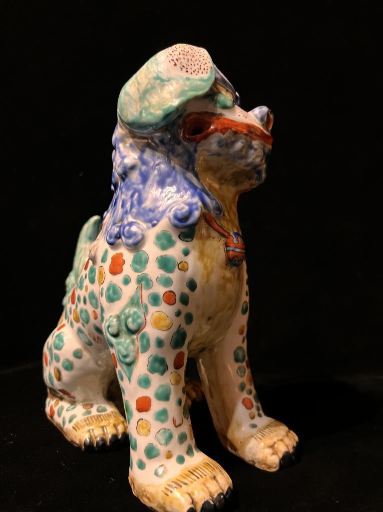 時代 古伊万里 色絵丸玉狛犬 陶器 共箱 置物 犬 狛犬 獅子 唐獅子 柿右