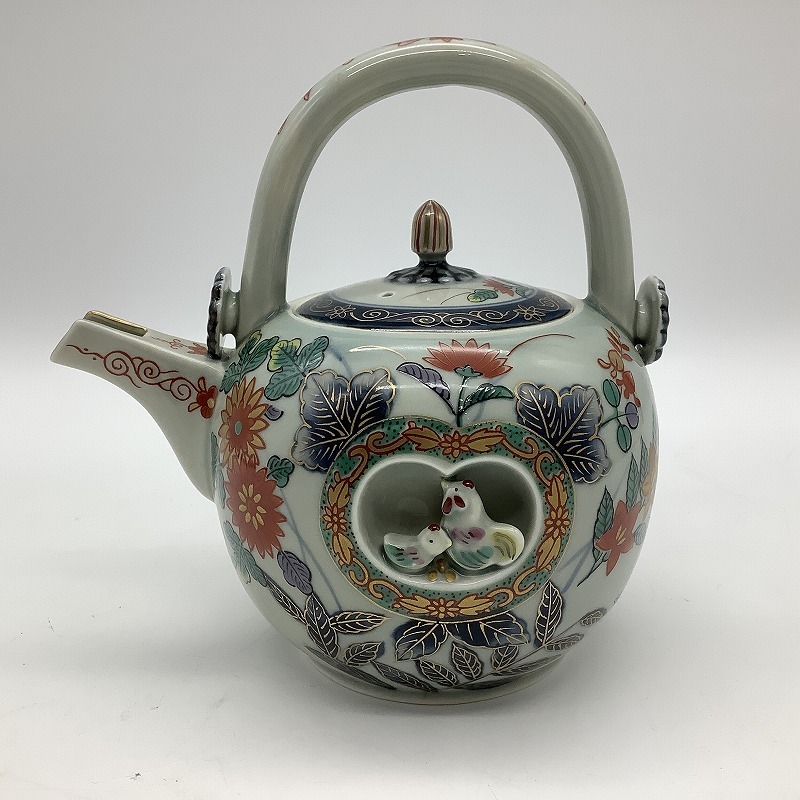 n6145 林九郎作 有田焼 酒器揃 古伊万里窓鶏 手付急須 お猪口 2客