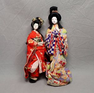 時代【古い日本人形 花魁人形 2点まとめて】縮緬 ミニチュア 市松人形
