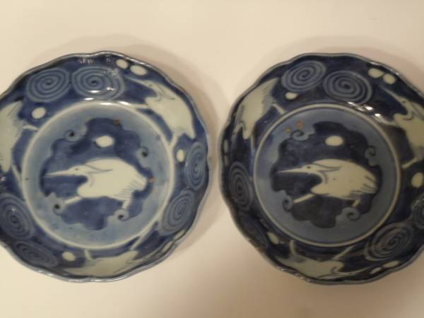 至楽 古伊万里 染付け 膾皿 なます皿 鷺 ２客 江戸時代_1