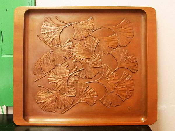 ≪1円スタート≫木製のお盆 おぼん イチョウ 木彫り 彫刻 皿(お盆