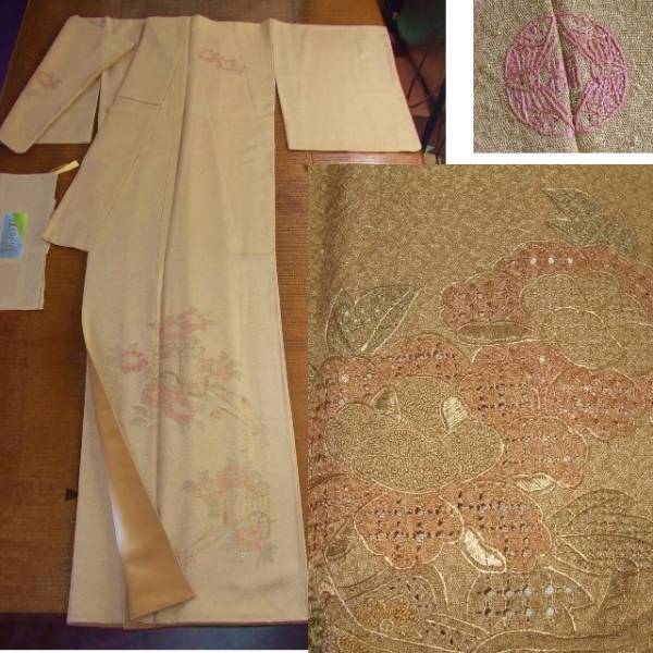 即決！刺繍　桑染色に汕頭刺繍で、花と御所車柄　未使用の訪問着