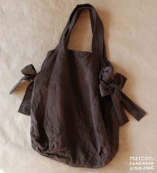 ハンドメイド リボンのリネンバッグ エコバック ショルダーにも