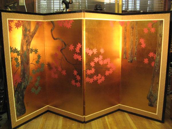 ☆雑☆金屏風・枕屏風 塩沢歓甫作 紅葉☆琳派 富士島居扱 日本画(屏風