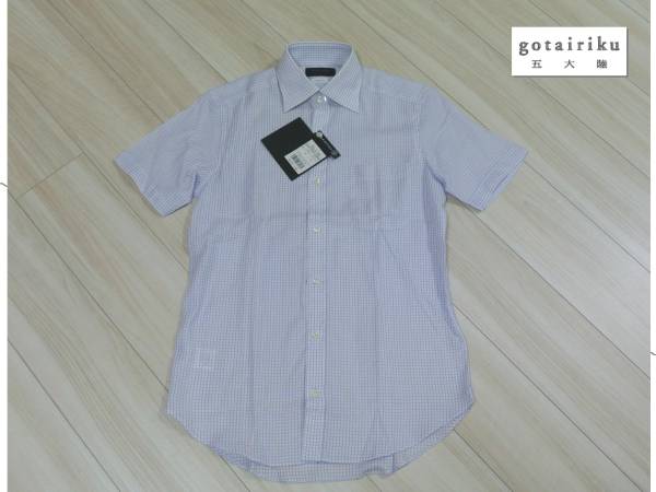 【五大陸　16号】チェック柄コットン半袖シャツ　藤色系　L相当