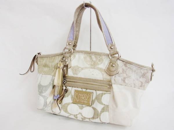 送込 美品 コーチ ポピーデニムパッチワークロッカー 16732