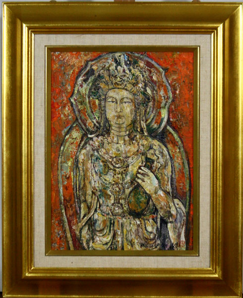 春陽会会員　出岡実　「聖観音」　油彩　4号　名古屋画廊シール