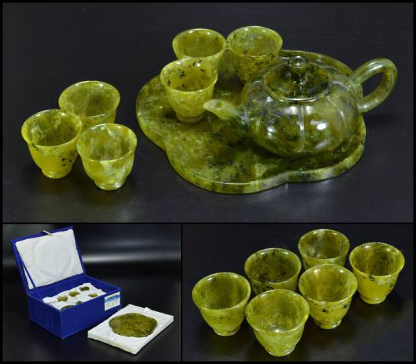 【倖】中国美術　玉石碧玉　煎茶器一式　煎茶道具　VGPS