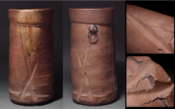 慶應◆江戸時代 古信楽彫文掛花生 時代茶道具