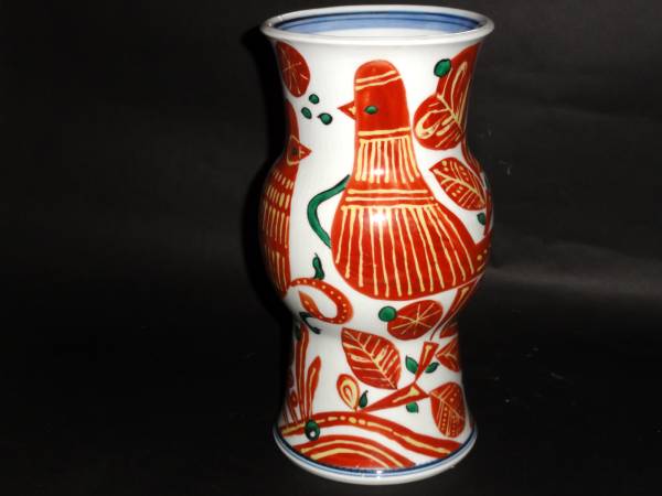 澤田痴陶人　色絵(鳥、太陽、植物)　花瓶