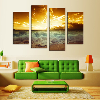 絵画 4パネル ウォールアート 印刷油絵 送料無料 夕日 海_1