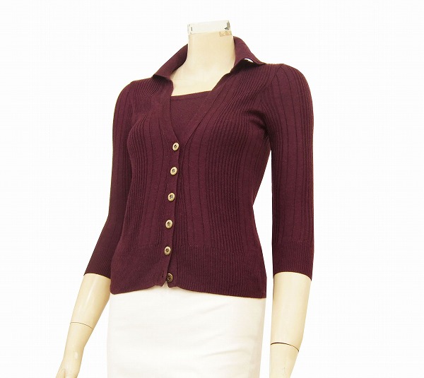 d美品★クードシャンス★深紫★7分袖★襟付きレイヤードニット38