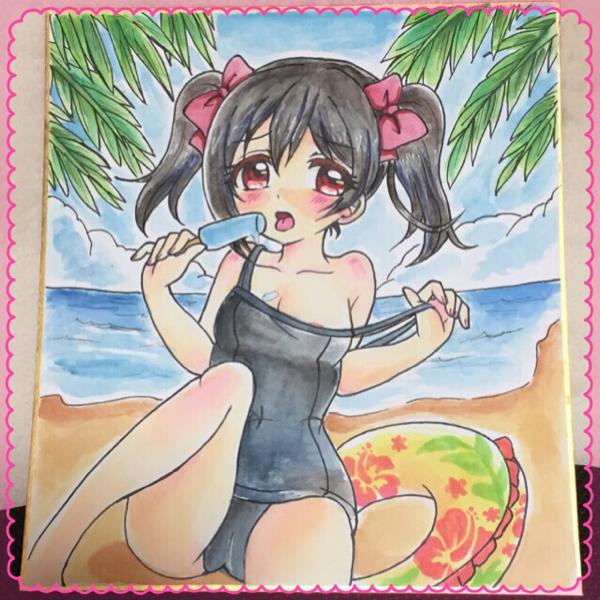 同人手描きイラスト☆ラブライブ！色紙 ☆矢澤にこ スクール水着