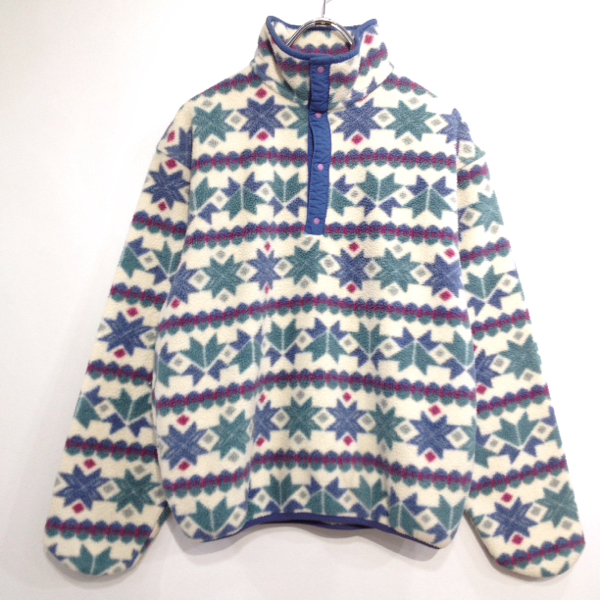 LLBeanプルオーバーフリース スナップT総柄古着80s90s /S41430