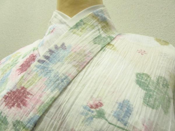 ★着物10★ 1円 麻 縮み 夏用 菊 単着物 ☆☆☆