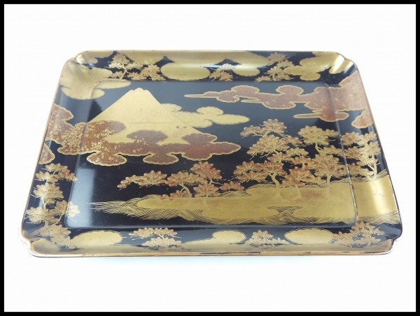 【古美術品】時代；蒔絵 富士/松；図『盆』 茶道具【0401】