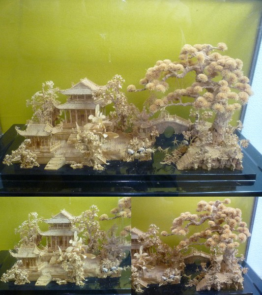 オンライン買い 中国美術 コルク細工 細密彫刻 置物 楼閣山水 鶴