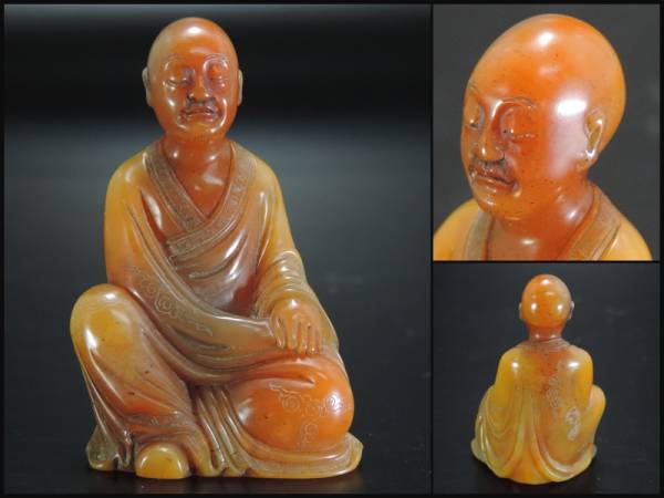 中国　玉石彫刻　桃仙人像　寿老人像　人物像　置物　黒石台付　N　A245 里】 中国美術 玉石寿山石彫刻 達磨仙人坐像 置物 古玩 中国美術 玉石