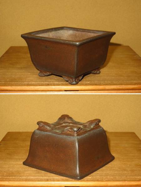 【流苑】 『紫泥外縁雲足正方』　釘彫款　9.8㎝ 小品盆栽鉢