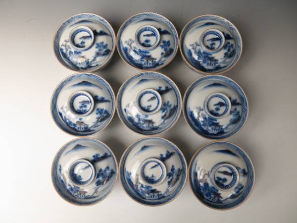 古九谷染付盃台　5客　D314 古九谷 染付 山水 蓋向付 9客 明治時代 4415H