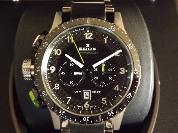 新品 EDOX クロノラリー 1 クロノクォーツ Black Ceramic Bezel