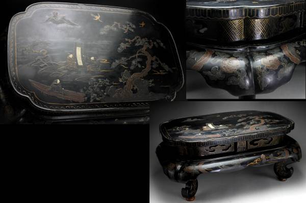 【余韻】 骨董美術品 天然木製 山水人物文 花台 煎茶台盆栽台