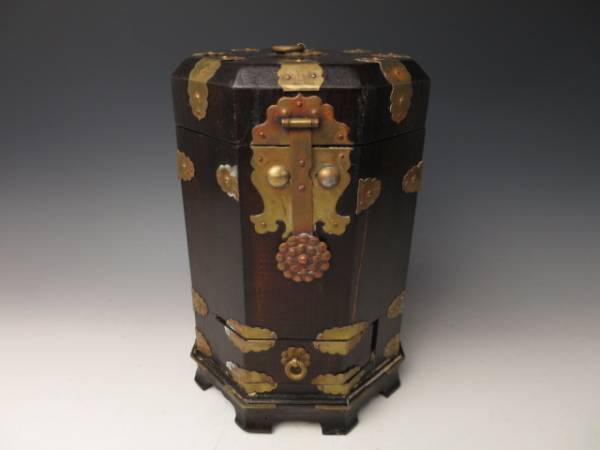 李朝 古金具 木製 引出付 八角 飾箱 李朝家具 5249tt